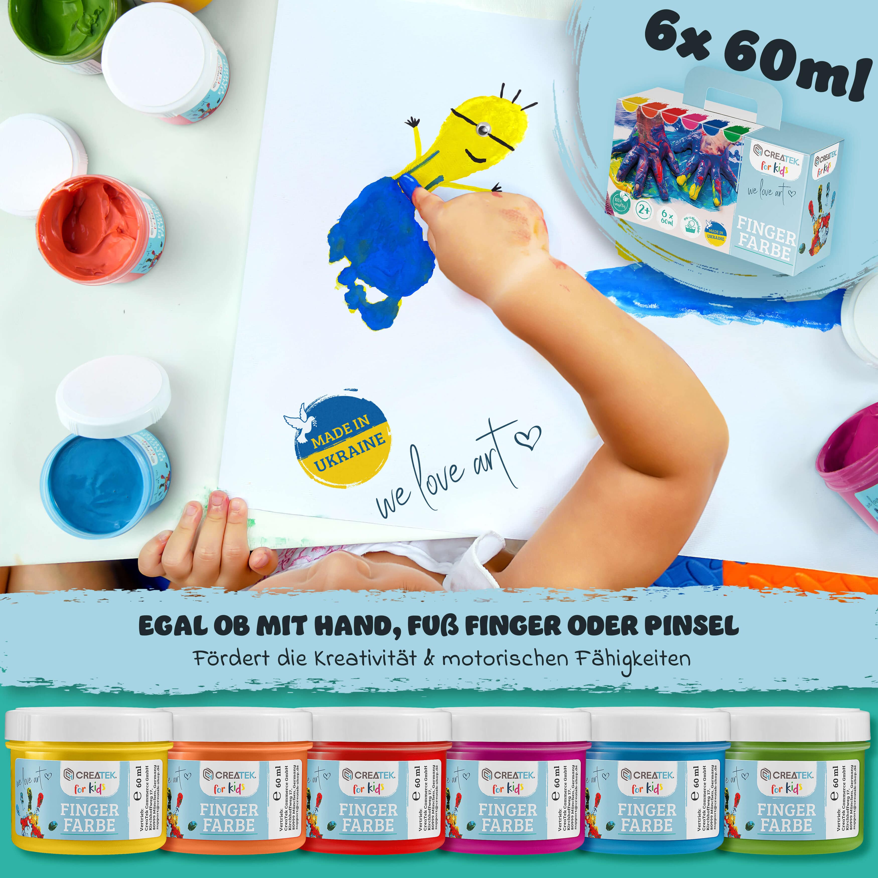 Fingerfarben für Kinder - Grundfarben 6 Töpfe mit 60ml | Ab 2 Jahren - ungiftig, vegan & abwaschbar | inkl. Malvorlagen